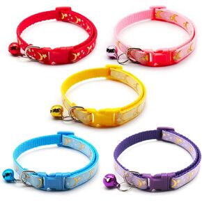 5 PCS Adjustable Cat Collars, Moons and Stars Kitten Collar, Pet Collar with Bell, Perfect for Pet Supplies, Pet Safety Buckle (5 Colors)