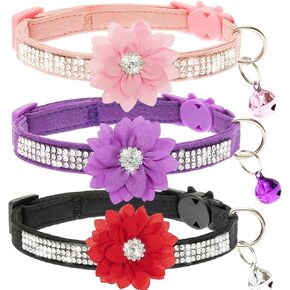JVVGPET Breakaway Cat Collars - Flower Rhinestones Cute Cat Collars with Bell for Girl Boy Cats - Bling Soft Velvet Adjustable Pet Collars for Cats Puppy