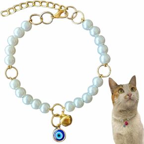 Cat Collar with Bell is Detachable, Evil Eye Beads for Girls and Boys Cats,Adjustable Collar for Small and Large Cats, Small Breed Dogs