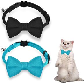 Giantree 2 Pcs Breakaway Cat Collars with Bell, Cute Cat Bow Tie Collar Adjustable Velvet Pet Collar for Pet Kitten Cats and Puppy Graduation Wedding Birthday Pet Party Bowtie Collar (Blue+Black)