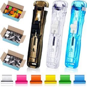 3 Pack Paper Clam Portable Handheld Paper Clip Dispenser with 50 Pcs Reusable Colorful and 124 Pcs Silver Clips 30 Sheet Capacity, Fast Paper Clipper for Desk Document Office Home