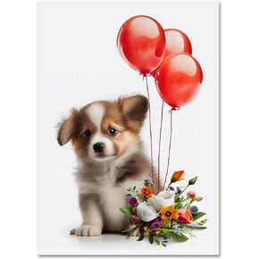 Puppy with Red Balloons and Flowers All Occasions Greeting Card from Unique Dogs Party Delights Collection Large 5x7 Inch Blank Inside with Envelope