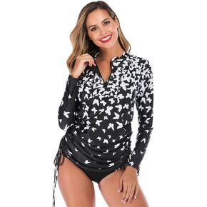 Akaeys Women's Long Sleeve Rash Guard Swim Shirt Side Adjustable Zip Front Sun Protection Tops with Bottoms