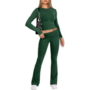 ANRABESS Women's 2 Piece Outfits Lounge Sets Casual Long Sleeve Cropped Top Fold-over Flare Pants Set Pajamas Y2K Gym Clothes