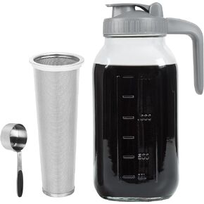 Xylanor Cold Brew Coffee Maker Pitcher, 64 OZ Heavy Duty Glass Wide Mouth Mason Jar Pour Spout Airtight Lid with Stainless Steel Infuser Filter for Iced Coffee, Ice Tea, Brewed Making