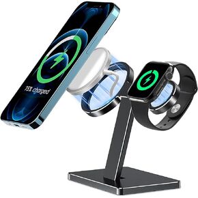 EWA 2 in 1 Magsafe Charger Stand, Aluminum Alloy,Phone Stand Holder,Compatible with iphone15/pro/pro Max, iPhone 14/13/12/ Pro Max/Mini and Apple Watch 3/4/5/6/7/8 Black - (Chargers Not Included)