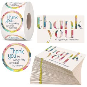 easykart label 1200PCS Thank You for Supporting Our Small Business Cards and Stickers Set, Pastel Pink with Gold Foiling (3.5x2 inches 200 pcs Cards & 1.5" 1000 pcs Stickers) for Small Business Owners