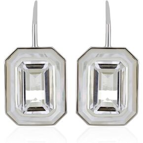 Petit Motif Genuine Sterling Silver and Gold Genuine Gemstone Dangle Earrings - 12x8mm Emerald Cut Quartz and Mother of Pearl Earrings for Women and Girls - Hypoallergenic
