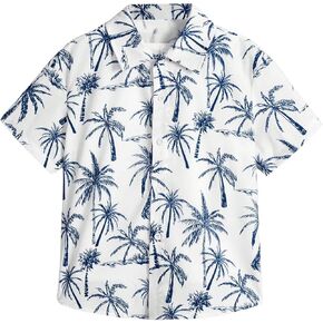 SweatyRocks Boy's Tropical Graphic Print Short Sleeve Button Down Shirt Casual Hawaiian Shirts White and Blue 10 Years