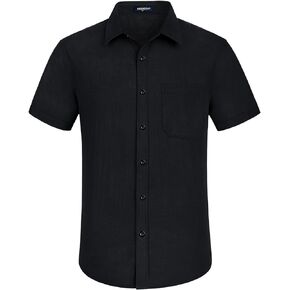 HISDERN Linen Cotton Shirts for Men Short Sleeve Casual Summer Button Down Shirt Beach Vacation Shirt with Pocket