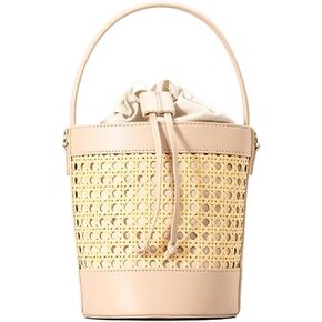 Rattan Bucket Bag for Women Straw Beach Bag Drawstring Crossbody Purse PU Leather Summer Shoulder Tote Bag Cute Hobo Bags