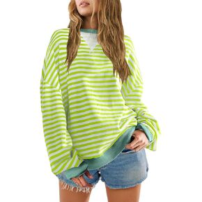 SENSERISE Womens Oversized Classic Striped Crewneck Sweatshirts Long Sleeve Color Block Shirts Casual Tops(Light Green,S)
