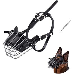 Dog Muzzle, Dog Metal Face Basket, Dog Mouth Breathable Adjustable Leather Leash Suitable for Large Medium-Sized Dogs (Black M)