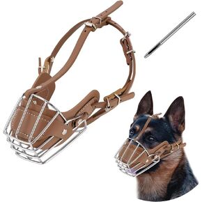 Dog Muzzle, Dog Metal Face Basket, Dog Mouth Breathable Adjustable Leather Leash Suitable for Large Medium-Sized Dogs (Black M)