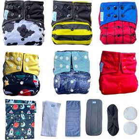 OKOLO Premium Cloth Diapers for Babies, Full Eco 6-Pack, Reusable Baby Diaper, Newborn Diapers, Diapers Size 4, Diapers Size 5, Diapers Size 1, All-in-One (Animals 1)