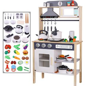 BESTATMTOY Kitchen for Kids, Wooden Kids Play Kitchen Playset Chef Pretend Play Set for Toddlers with Real Lights & Sounds, Toys Kitchen with Toy Food & Cookware Accessories