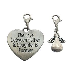 2pcs in set Heart and Angel Clip on Charm, The Love Between Mother and Daughter is Forever Zipper Pull Purse Charms, Engraving Lobster Claw Charm for DIY