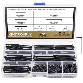 Kindroufly 202 Pieces Black M4 x 30/35 /40/45 /50 mm Button Head Socket Cap Screws Nuts Washers Assortment Kit, 10.9 Grade Alloy Steel