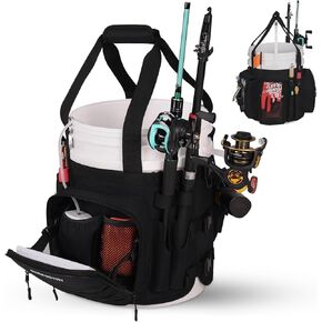 Boomistry Fishing Bucket Organizer for 5 Gallon Bucket Accessories, Fishing Tackle Bag with Adjustable Buckle, Fishing Rod Bag with 15 Multi-Pockets for Fishing Gear and Equipment (Green Camo)