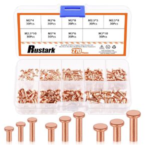 270Pcs M2 M2.5 M3 Copper Solid Rivets Flat Head Copper Rivet Metal Fasteners Assortment Kit for Electrical Applications Crafts Repair Leather Work