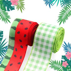 Threetols 2 Rolls 10 Yards Flamingo Wired Edge Ribbon, 2.5inch Green Green Stripe Burlap Ribbon, Hawaiian Tropical Gift Wrapping Ribbon for Farmhouse Party DIY Craft Summer Wreath Bows Decoration