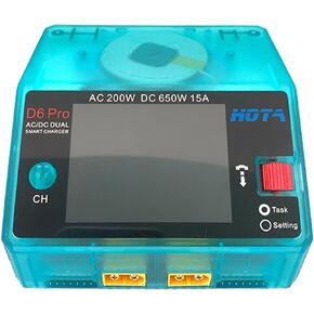 HOTA D6 Pro Balance Charger: Dual Ports Smart Charger with Phone Wireless Charging for Lipo Battery Li-ion LiHv Nicd NiMH Battery RC Car Drone Support AC/DC Input （Transparent Blue）