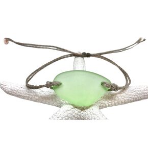Sea Stamped Light Green Sea Glass Adjustable Bracelet-Made From Recycled Glass- Light green Free Form Sea Glass Piece with Waterproof Gray Thread-Unique Gift