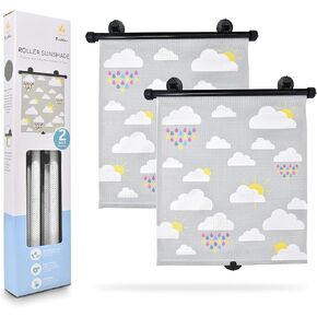 EcoNour Car Window Shades for Baby (2 Pack) | Retractable Car Roller Sunshade for Kids | Radiant Raindrops Printed Sun Blocker for Window | Baby Car Window Accessories (15"x17")