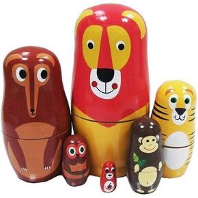 Cute Cartoon Lion Wolf Tiger Monkey Owl Squirrel Forest Animal Russian Nesting Dolls Matryoshka Doll Set 6 Pieces Handmade Kids Gifts Toy Home Decoration