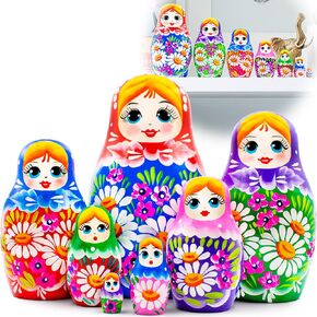 مجموعة دمى AEVVV Matryoshka مكونة من 7 قطع - دمى روسية في فستان سارافان قوس قزح مع زهور المرج - دمى التعشيش التقليدية مع زخارف الزهور