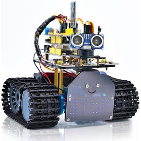KEYESTUDIO Mini Tank Robot V2 Smart Car Kit for Arduino, IR Infrared and App Remote Control (iOS and Android), Light and Ultrasonic Follow, 8X16 LED Panel, Ultrasonic Obstacle Avoidance,15+