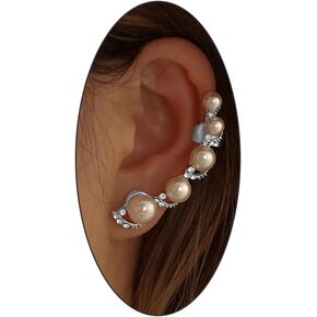 Gold Silver Pearl Rhinestone Ear Crawler Climber Earrings for Women Teen Girls,Trendy Crystal Clip On Ear Cuff Earrings Prom Party Jewelry Gift