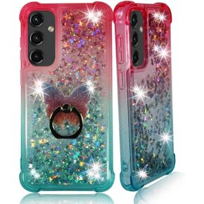 Zase Design for Samsung Galaxy A35 5G Clear Phone Case Liquid Sparkly Bling Cute 3D Butterflies Floating Glitters Quicksand Shockproof Soft Durable Cover w/Phone Ring Holder (Gradient Aqua Purple)