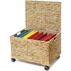 Trademark Innovations Rolling File Box Wicker File Cabinet Hanging File Baskets Water Hyacinth Storage Basket (Brown)
