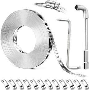 304 Stainless Steel Hose Clamp Assortment Kit, Josaton DIY 32FT Metal Strapping with 12 Stronger Fasteners and Screwdriver Wrench, Large Adjustable Worm Gear Hose Clamps Pipe Clamps Band Clamp