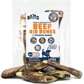 Single Ingredient Dog Bones - Made in USA - Small Beef Rib Bones - Natural Dog Bones for Aggressive Chewers - from USDA Inspected Beef - Hickory Smoked - Wrapped in Sets of 5 (5 Piece Pack)
