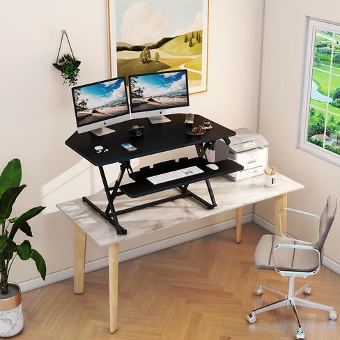 Lubvlook 40 inch Corner Standing Desk Converter, Height Adjustable Sit Stand Desk Riser, Black, 40T1 in Kuwait