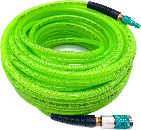 SYXQT Polyurethane(PU) 1/4-Inch x 100FT Reinforced, Air Hose with 1/4" Swivel Solid Steel Colored Universal Quick Coupler and Plug, Light Green in Saudi Arabia