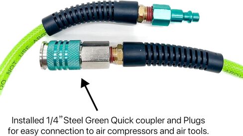 SYXQT Polyurethane(PU) 1/4-Inch x 100FT Reinforced, Air Hose with 1/4" Swivel Solid Steel Colored Universal Quick Coupler and Plug, Light Green in Saudi Arabia