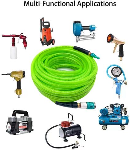 SYXQT Polyurethane(PU) 1/4-Inch x 100FT Reinforced, Air Hose with 1/4" Swivel Solid Steel Colored Universal Quick Coupler and Plug, Light Green in Saudi Arabia