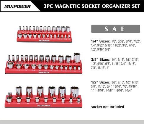 MIXPOWER 6 قطع من منظمات المقبس المغناطيسي SAE والمتري، إجمالي 143 فتحة، محرك 1/4 بوصة، 3/8 بوصة و1/2 بوصة، مجموعة حامل المقبس المغناطيسي - أحمر/أزرق in Kuwait