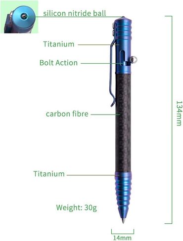 TACRAY Titanium Bolt Action Pen, Tactical Pen with Glass Breaker Tool for Emergeny Survival, Carbon Fiber Pocket Pen with Schmidt BP Refill Made in Germany for EDC (blue) in Saudi Arabia