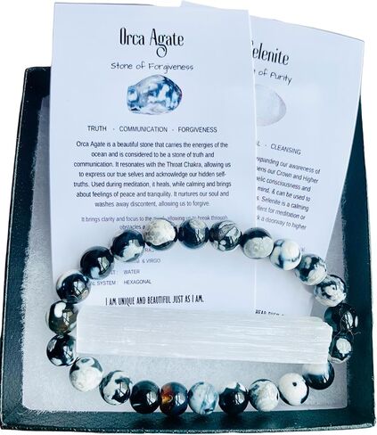سوار كريستال Orca Agate بخرز مستدير 8 مم ~ مجموعة هدية مع سيلينيت مجاني ~ أحجار كريمة شبه ثمينة ~ 6.50-7 بوصات ~ للجنسين ~ الريكي ~ الميتافيزيقي ~ بلورات التأمل ~ Zen in Kuwait
