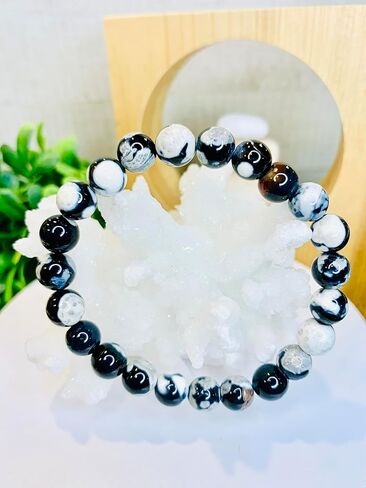 سوار كريستال Orca Agate بخرز مستدير 8 مم ~ مجموعة هدية مع سيلينيت مجاني ~ أحجار كريمة شبه ثمينة ~ 6.50-7 بوصات ~ للجنسين ~ الريكي ~ الميتافيزيقي ~ بلورات التأمل ~ Zen in Kuwait