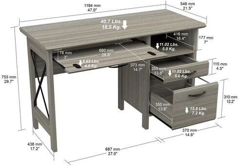 Inval 2-Drawer Computer Desk with Keyboard Tray, Smoke Oak in Kuwait