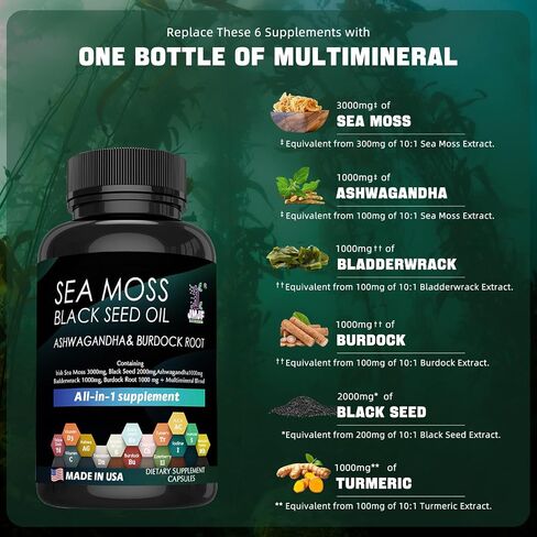120 Seaweed Capsules Supplement, Organic Seaweed, Seaweed Capsules, Enriched with Minerals and Burdock Root, Pure Natural Seaweed, Boosts Immune System, Gut, and Energy… in Saudi Arabia