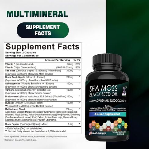 120 Seaweed Capsules Supplement, Organic Seaweed, Seaweed Capsules, Enriched with Minerals and Burdock Root, Pure Natural Seaweed, Boosts Immune System, Gut, and Energy… in Saudi Arabia