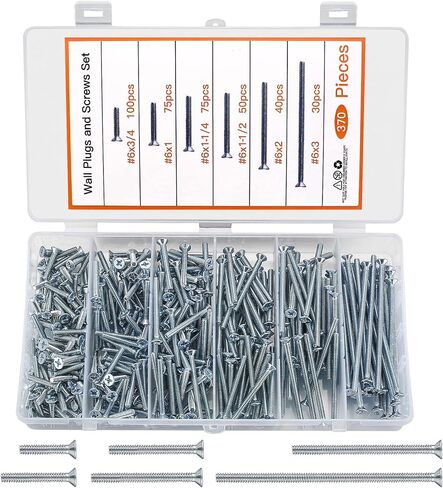 370 Pcs Electrician's Machine Screw Kit, Flat Head Cross Head Long Electrical Outlet Screws, Electrical Outlet Extender Device Mounting Screws, 6X(*3/4、6#*1、6#*1-1/4、6#*1-1/2、6#*2、6#*3)-(Flat) in Saudi Arabia
