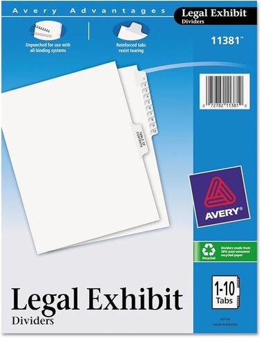 Avery 11381 Avery-Style Legal Side Tab Dividers, 11-Tab, 1-10, Letter, White, 26/Set, Carton of 12 sets in Saudi Arabia