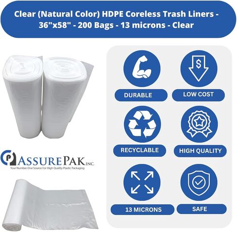 Clear (Natural Color) HDPE Coreless Trash Liners - 36"x58" - 200 Bags - 13 microns - Clear in Saudi Arabia